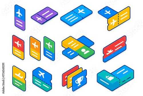 Colorful Isometric Boarding Passes. Isometric vector illustration set Boarding pass variations: vertical boarding pass, horizontal