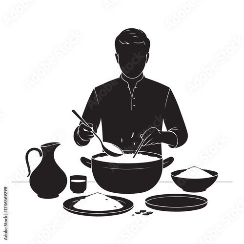 Vector art of person cooking food in a pot with ingredients and serving dishes