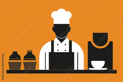 Chef at the counter preparing food and drinks, wearing a chefs hat and apron in a restaurant or cafe setting, vector illustration