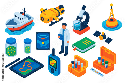 Marine Research Icons. Isometric vector illustration set Marine research: research vessel, underwater drone, scientist in lab coat