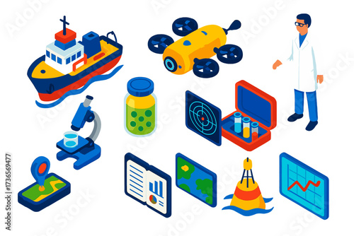 Marine Research Icons. Isometric vector illustration set Marine research: research vessel, underwater drone, scientist in lab coat