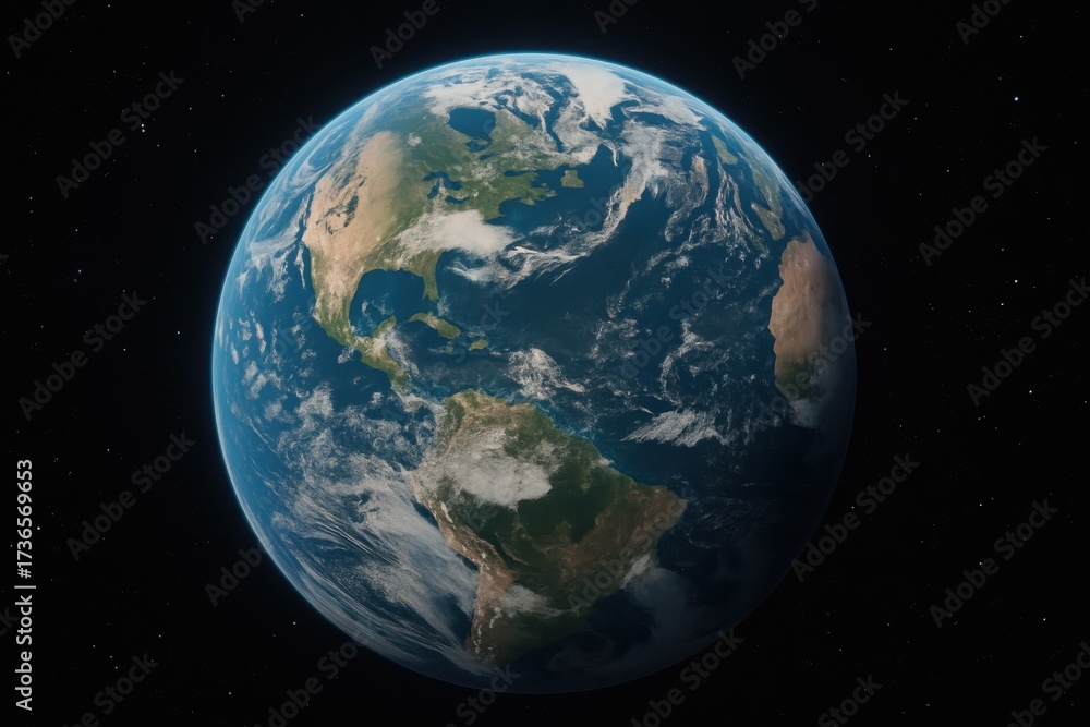Obraz premium Blue marble Earth glowing over star filled darkness realistic view from near orbit
