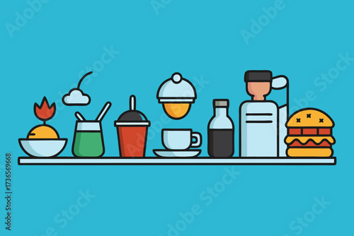 Various food and drink items arranged on a shelf, including a burger, coffee, juice, and dessert, vector illustration, flat design
