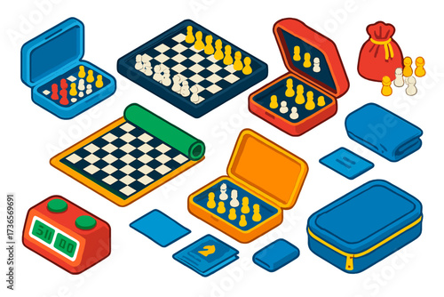 Colorful Travel Chess Sets. Isometric vector illustration set Chess travel sets: pocket chess set, magnetic chess board, folding