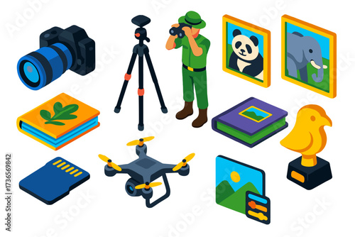 Wildlife Photography Icons. Isometric vector illustration set Wildlife photography: camera with zoom lens, tripod, ranger with