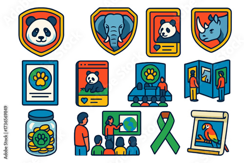 World Wildlife Day Icons. Isometric vector illustration set World Wildlife Day: panda badge, elephant badge, rhino badge,