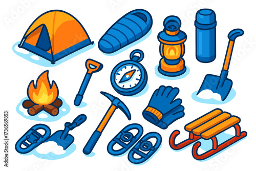 Winter Camping Essentials. Isometric vector illustration set Winter camping: snow tent, insulated sleeping bag, propane stove,