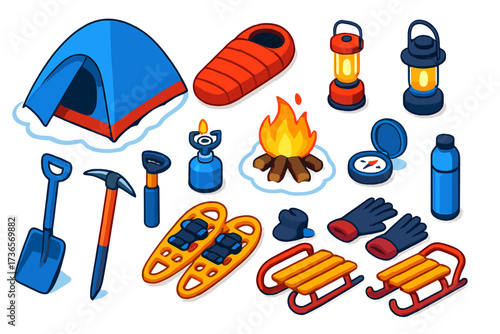Winter Camping Essentials. Isometric vector illustration set Winter camping: snow tent, insulated sleeping bag, propane stove,