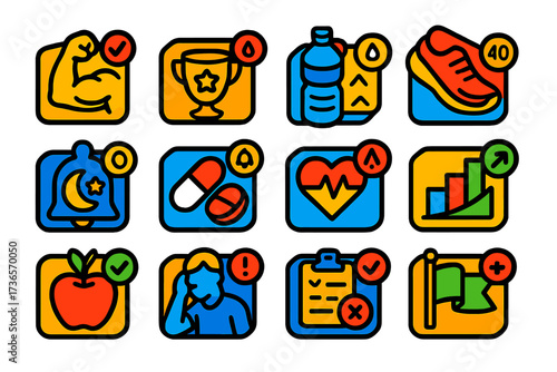 Health App Alerts Icons. Isometric vector illustration set Health app alerts: workout complete icon, goal achieved badge, water