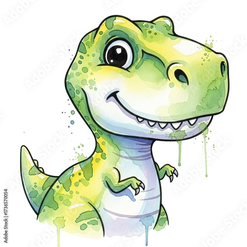 A cheerful, friendly Tyrannosaurus Rex, vibrant watercolor art, designed to captivate. This artwork encapsulates both innocence and the captivating allure of the prehistoric era.