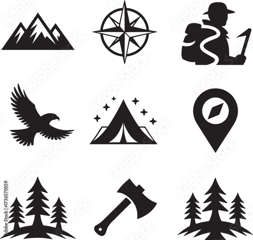 Black icons of mountains compass hiker eagle tent axe and trees vector