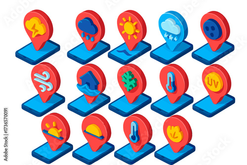 Weather Alert Icons. Isometric vector illustration set Weather app alerts: storm warning, rain alert, heatwave notice, snow alert,