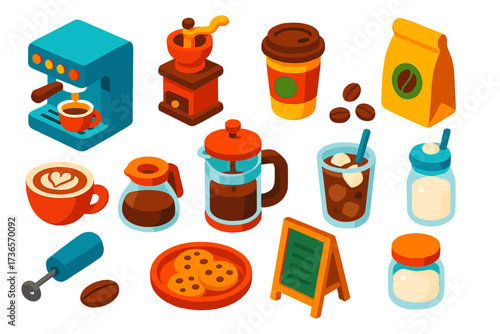 Coffee Shop Essentials. Isometric vector illustration set Coffee shop essentials: espresso machine, coffee grinder, to-go cup,
