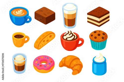 Coffee and Desserts. Isometric vector illustration set Coffee dessert pairing: cappuccino cup, chocolate brownie, latte glass,