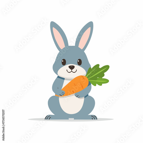 A cute gray rabbit happily holding a big orange carrot. This adorable cartoon bunny character is an isolated vector illustration perfect for various designs