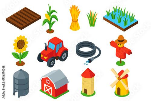 Isometric Farm Icons. Isometric vector illustration set Crop farming: plowed field, corn plant, wheat bundle, rice paddy,