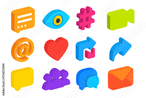 Vibrant Social Media Icons. Isometric vector icon set online interaction: forum menu, stories eye, hashtag symbol, video call