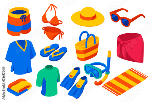 Beachwear Essentials Icons. Isometric vector illustration set Beachwear: board shorts, bikini, sun hat, sunglasses, kaftan, flip