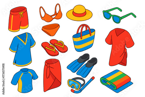 Beachwear Essentials Icons. Isometric vector illustration set Beachwear: board shorts, bikini, sun hat, sunglasses, kaftan, flip