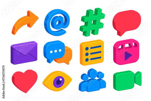 Colorful Social Media Icons. Isometric vector icon set shareable content: share arrow, mention @, hashtag symbol, message bubble,