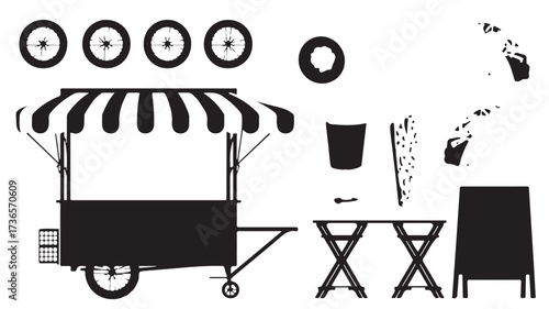 Whimsical black and white illustration of a charming food cart and accessories for a market stall.