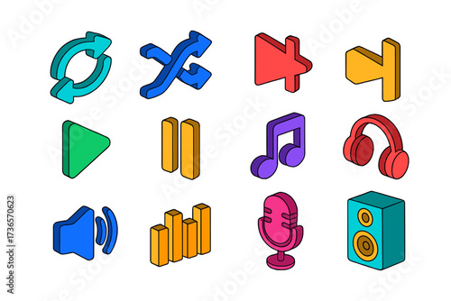Vibrant Audio Icons. Isometric vector icon set audio playlist: repeat, shuffle, skip next, skip back, play button, pause, music
