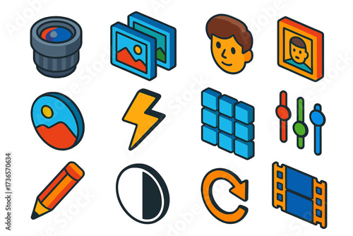 Bright Photography Icons. Isometric vector icon set shooting options: camera lens, photo frame, gallery mountain, portrait face,