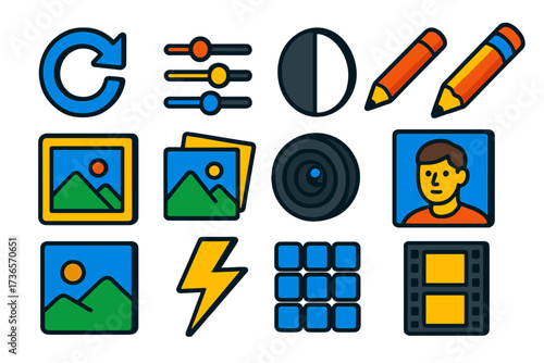 Vibrant Photography Icons. Isometric vector icon set photography workflow: rotate arrow, filter sliders, contrast circle, edit