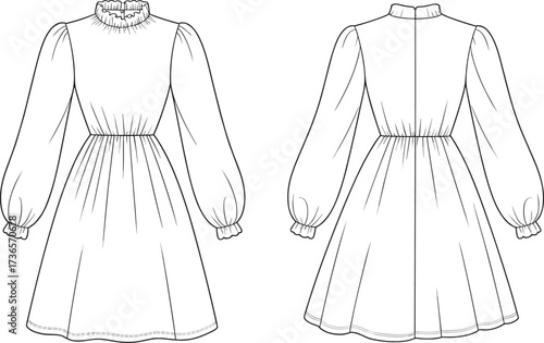 Fashion illustration, technical dress sketch, ruffled neckline, puffed sleeves, fitted waist, flared skirt, garment design, clothing pattern, couture drawing, apparel