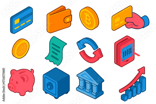 Finance Icons Collection. Isometric vector icon set modern finance: credit card, wallet, bitcoin B, payment hand, coin money, bill