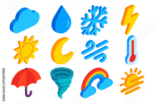 Vibrant Weather Icons. Isometric vector icon set climate symbols: cloud, rain drop, snowflake, thunderbolt, sun, moon, wind,