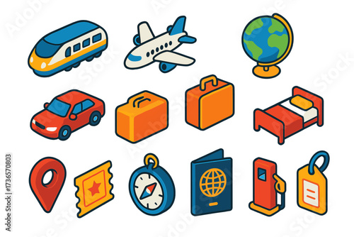 Transport Icon Set. Isometric vector icon set transport options: train, airplane, car, world globe, suitcase, hotel bed, map pin,
