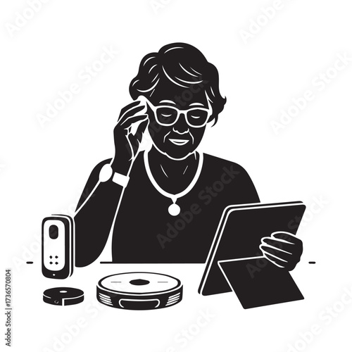 Vector art of silhouette of an elderly woman with glasses, talking on a phone, holding a tablet, with a smart speaker and charging dock, representing technology and communication