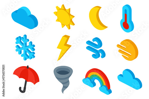 Vibrant Weather Icons. Isometric vector icon set weather variety: cloud, sun, moon, rain drop, snowflake, thunderbolt, wind,
