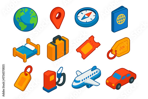 Vibrant Travel Icons. Isometric vector icon set tourist attractions: world globe, map pin, compass, hotel bed, suitcase, ticket
