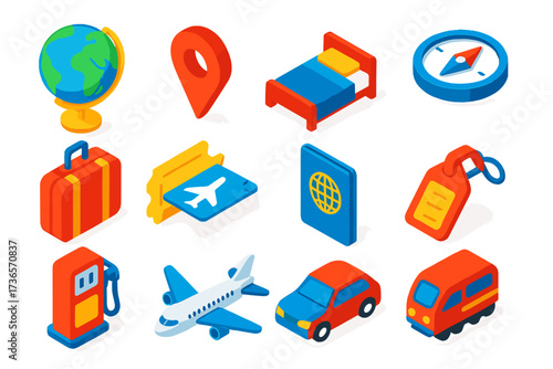 Vibrant Travel Icons. Isometric vector icon set tourist attractions: world globe, map pin, compass, hotel bed, suitcase, ticket
