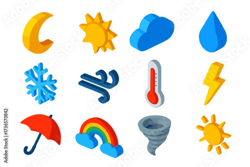 Vibrant Weather Icons. Isometric vector icon set weather observation: moon, sun, cloud, rain drop, snowflake, wind, thermometer,