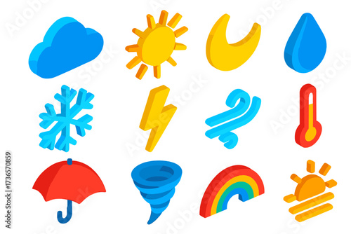 Vibrant Weather Icons. Isometric vector icon set weather variety: cloud, sun, moon, rain drop, snowflake, thunderbolt, wind,