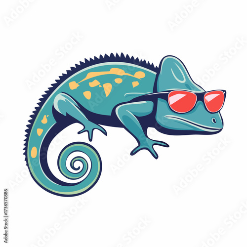 A cool blue chameleon character wearing stylish red sunglasses, a funny reptile lizard vector illustration isolated on a white background