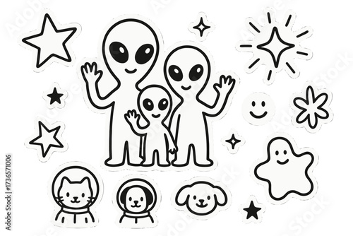 Alien Family Fun. Vector doodle stickers: alien family waving, tiny pets in spacesuits, glowing stars, friendly doodle shapes,
