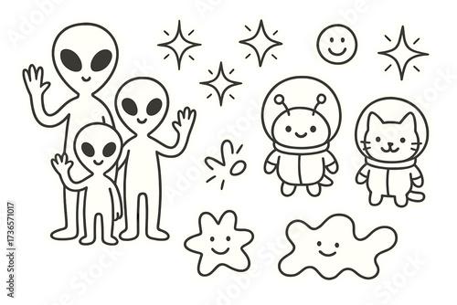 Alien Family Fun. Vector doodle stickers: alien family waving, tiny pets in spacesuits, glowing stars, friendly doodle shapes,