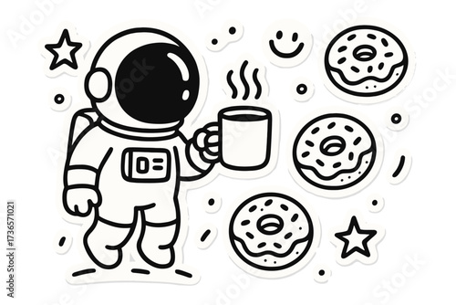 Astronaut and Donut Planets. Vector doodle stickers: astronaut holding a coffee mug, floating donuts as planets, cheerful doodle