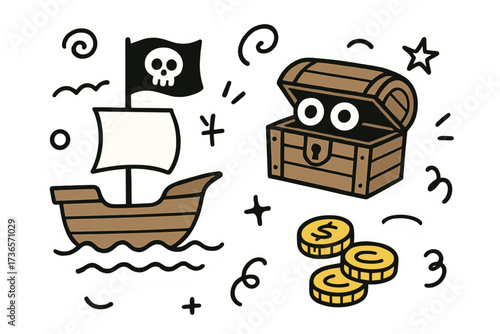 Playful Pirate Stickers. Vector doodle stickers: pirate ship with a smiling skull flag, treasure chest with eyes, gold coins,