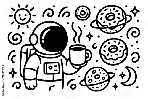 Astronaut and Donut Planets. Vector doodle stickers: astronaut holding a coffee mug, floating donuts as planets, cheerful doodle
