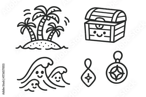 Whimsical Island Adventure. Vector doodle stickers: small island with palm trees waving, treasure chest smiling, waves with eyes,