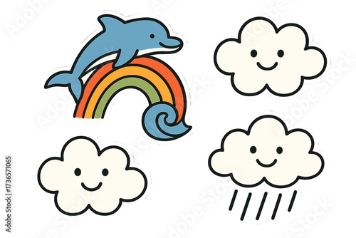 Dolphin's Rainbow Leap. Vector doodle stickers: dolphin jumping through a rainbow wave, smiling clouds, doodle style, simplified