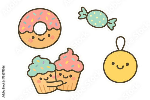 Sweet Doodle Stickers. Cute doodle stickers: donuts with sprinkles as faces, cupcakes hugging, floating candy, cheerful doodle