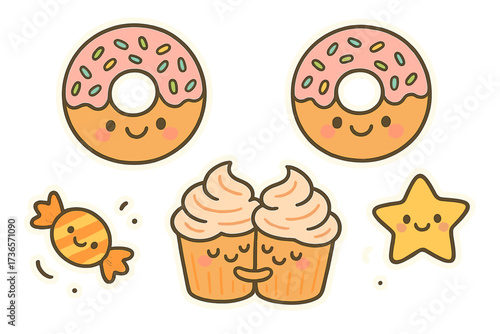 Sweet Doodle Stickers. Cute doodle stickers: donuts with sprinkles as faces, cupcakes hugging, floating candy, cheerful doodle