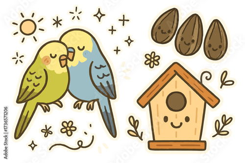 Cuddling Parakeet Stickers. Charming doodle stickers: parakeets cuddling, seeds with eyes, little birdhouse smiling, cheerful