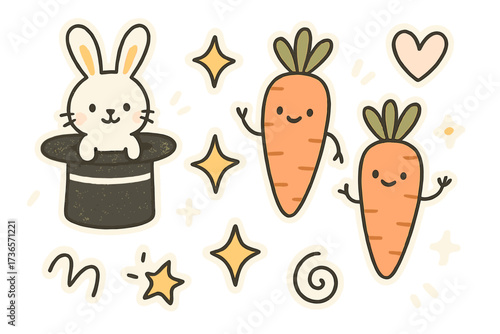 Magical Rabbit Doodles. Lovely doodle stickers: rabbit in a magician’s hat, carrots waving, stars sparkling, simplified doodle